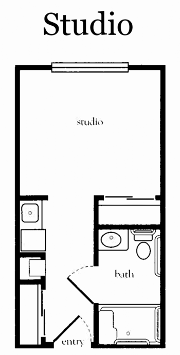 A floor plan of a studio apartment featuring a combined living area, bathroom, and kitchen.