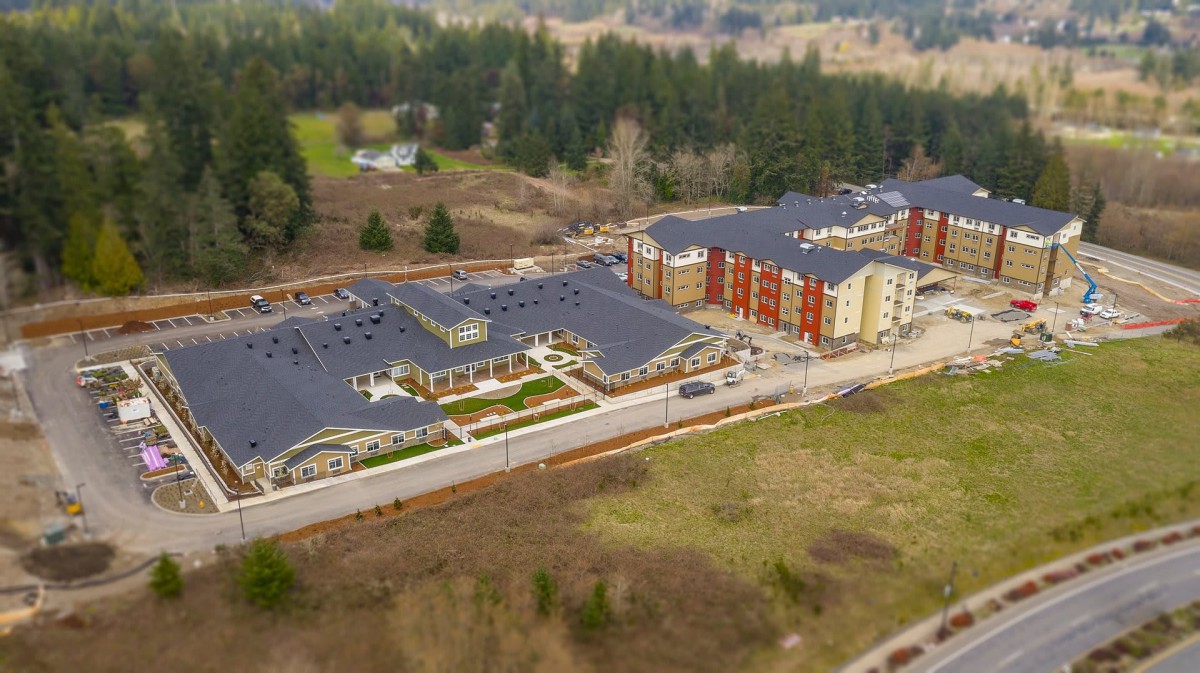 Aerial view of a residential area surrounded by trees and greenery.