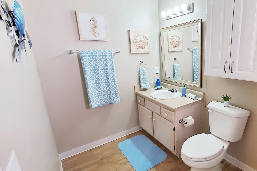 A neatly organized bathroom with blue accents and modern decor.