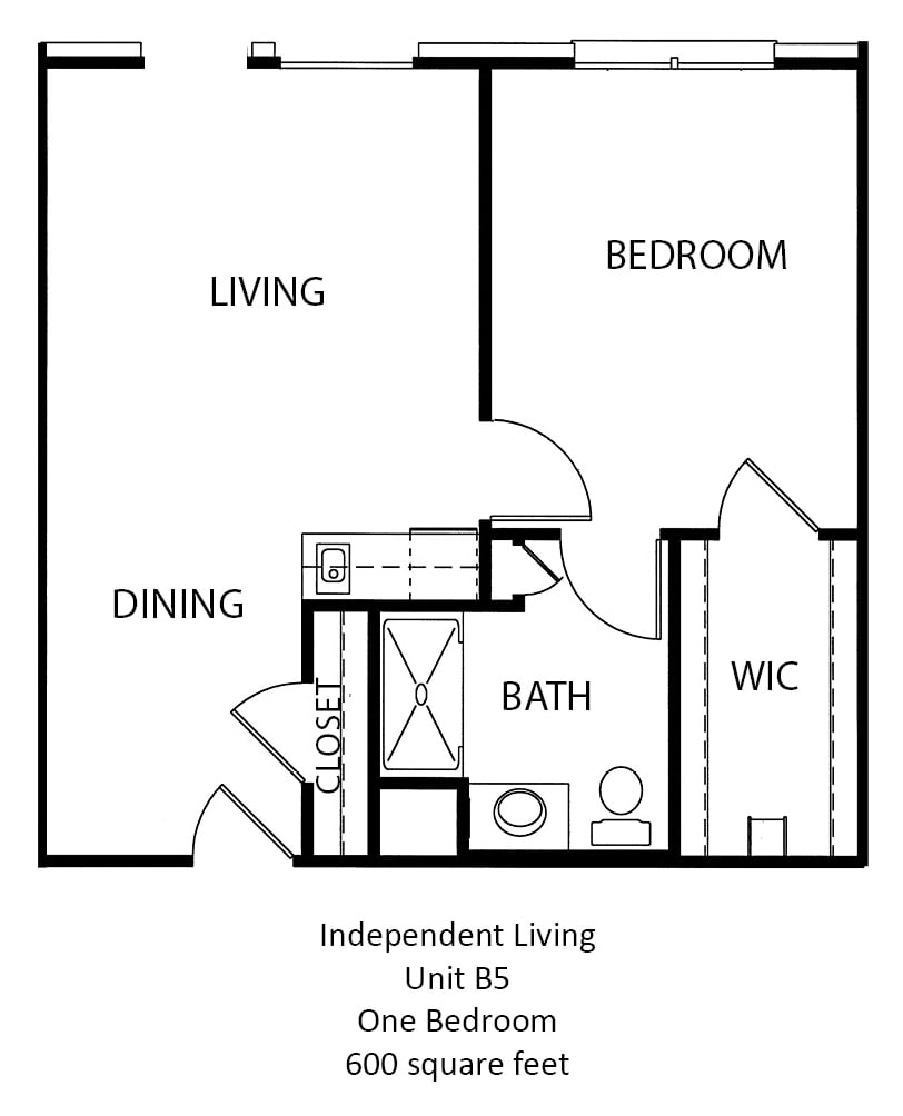 Independent Living Unit B5 floor plan featuring a living area, dining space, bedroom, bathroom, and walk-in closet.