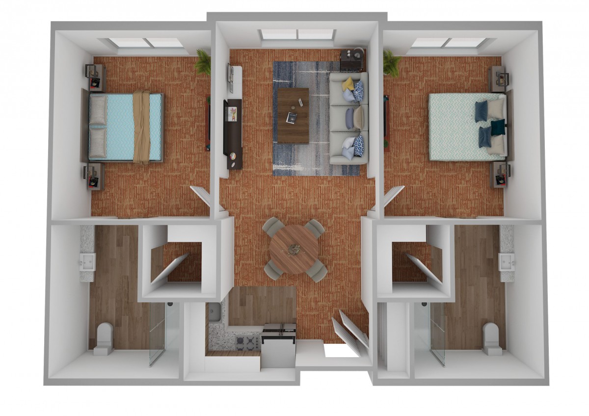 A detailed floor plan of a two-bedroom apartment with a central living area and kitchen.