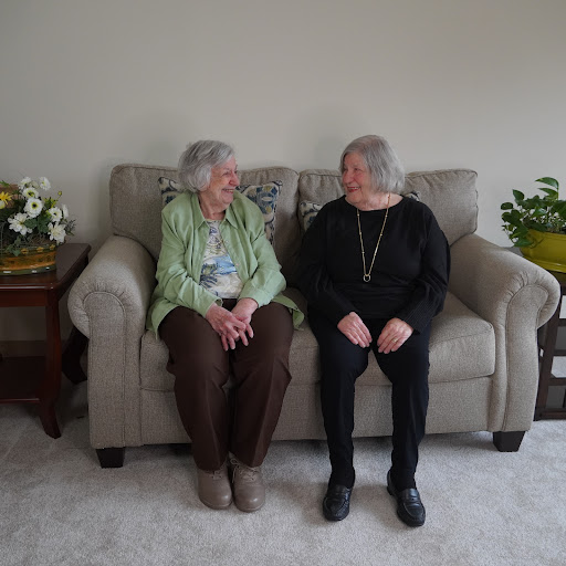 Two women enjoying a warm conversation together on a cozy couch.