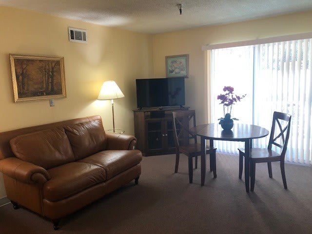 A cozy living room with a sofa, dining table, and television.