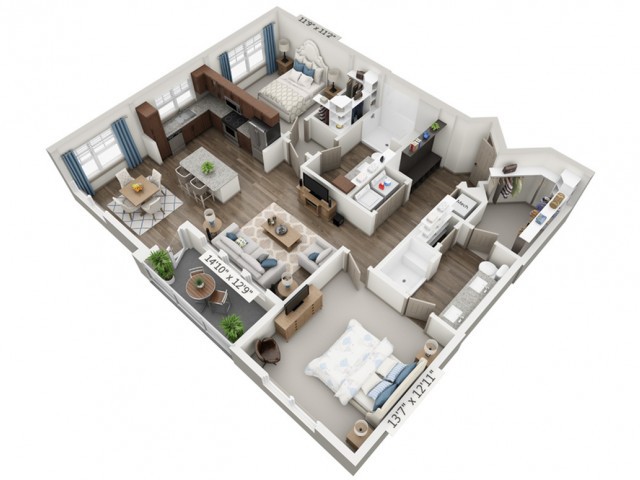 A 3D rendering of an apartment floor plan showing a two-bedroom layout with living room, kitchen, and bathrooms.