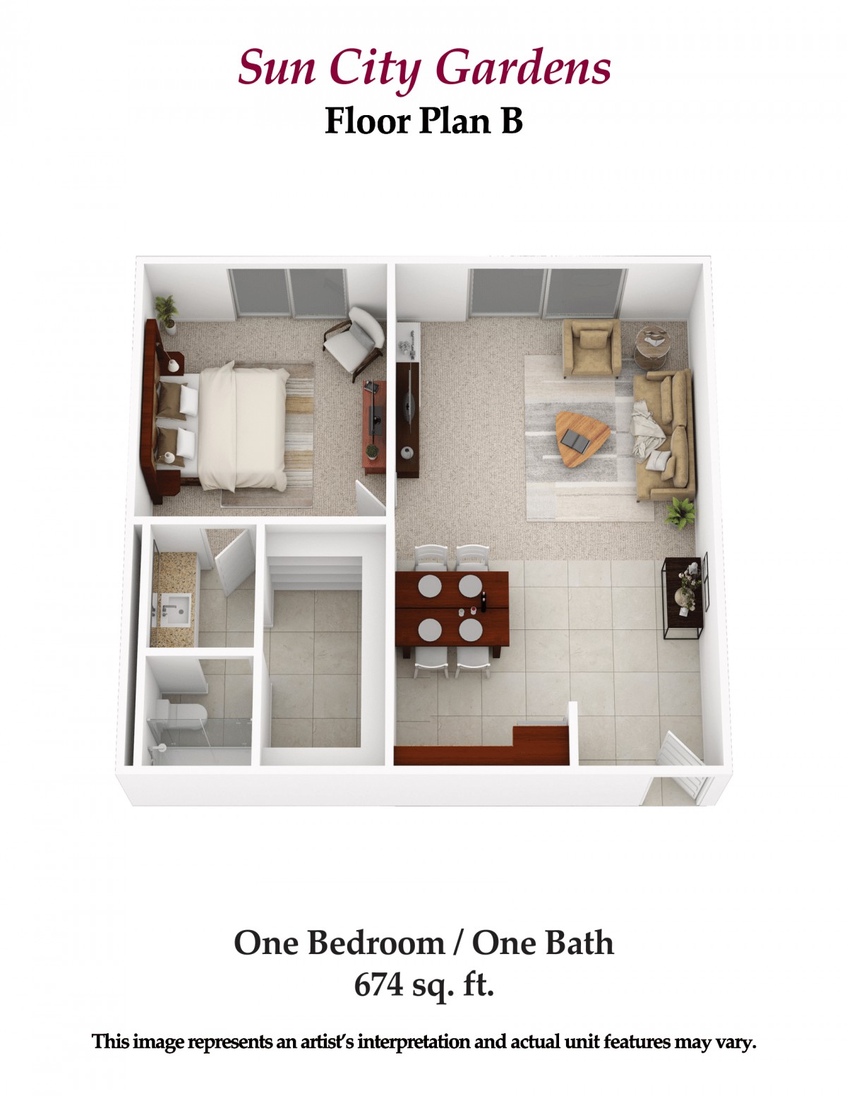 A 3D floor plan of a one-bedroom, one-bathroom apartment.