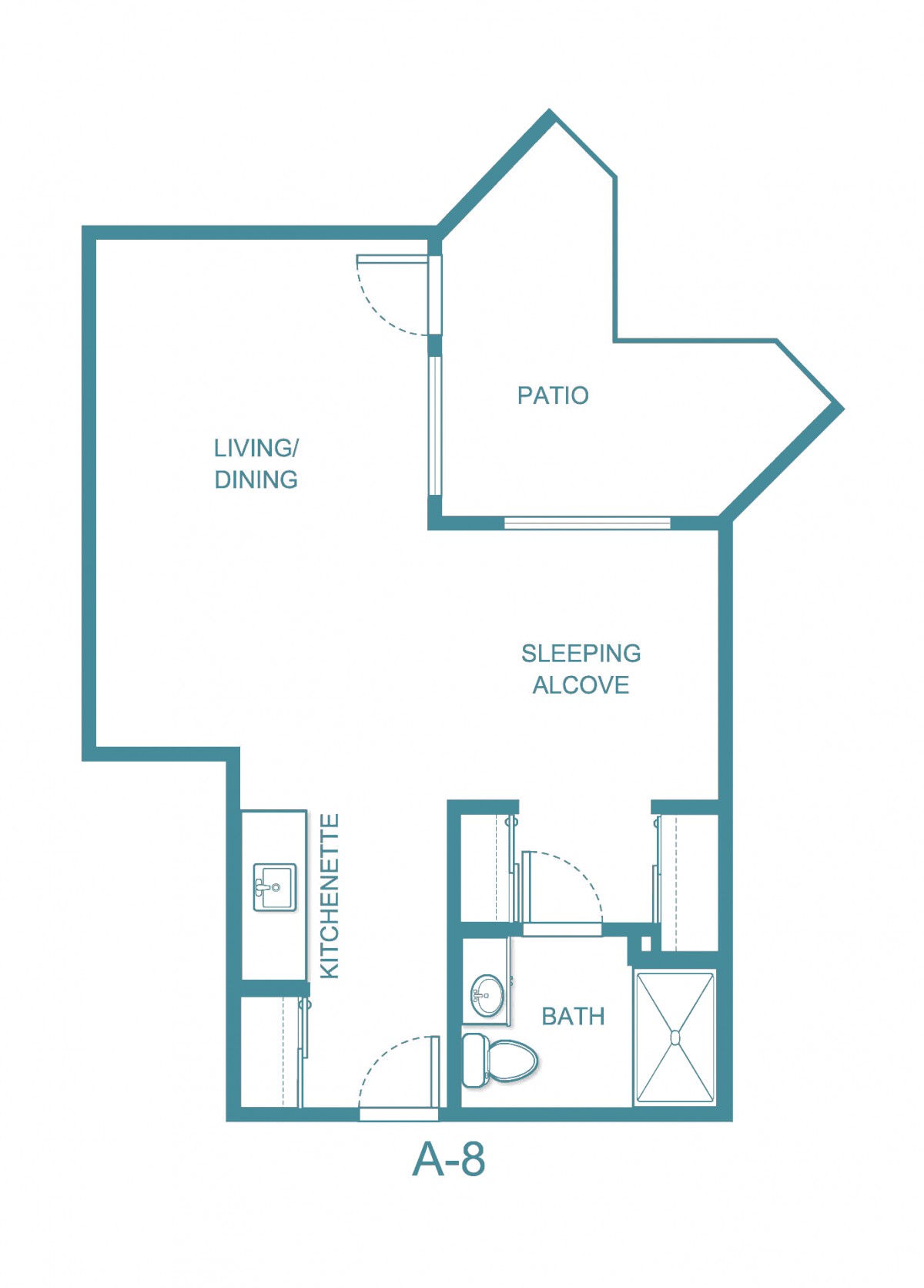 A floor plan of a studio apartment featuring a living/dining area, sleeping alcove, kitchen, bathroom, and patio.