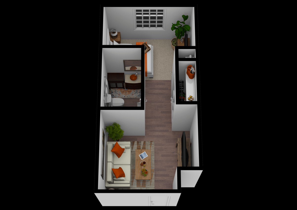 3D floor plan of a compact apartment layout featuring a living area, bedroom, and bathroom.