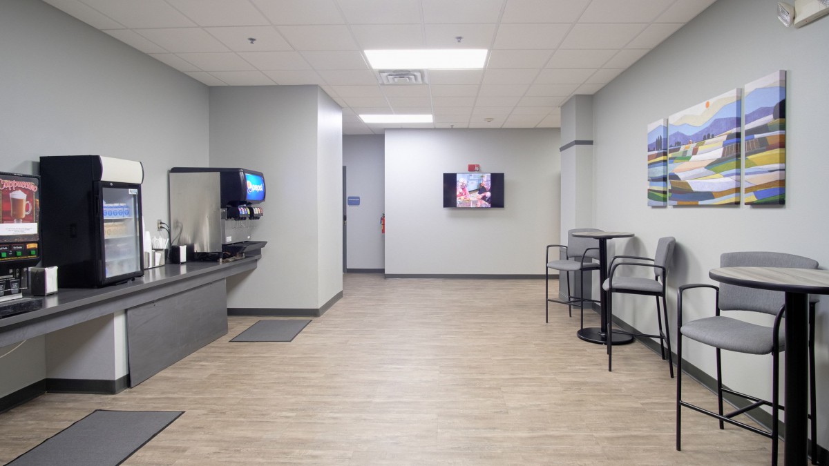 A clean and modern waiting area inside a clinic or hospital.