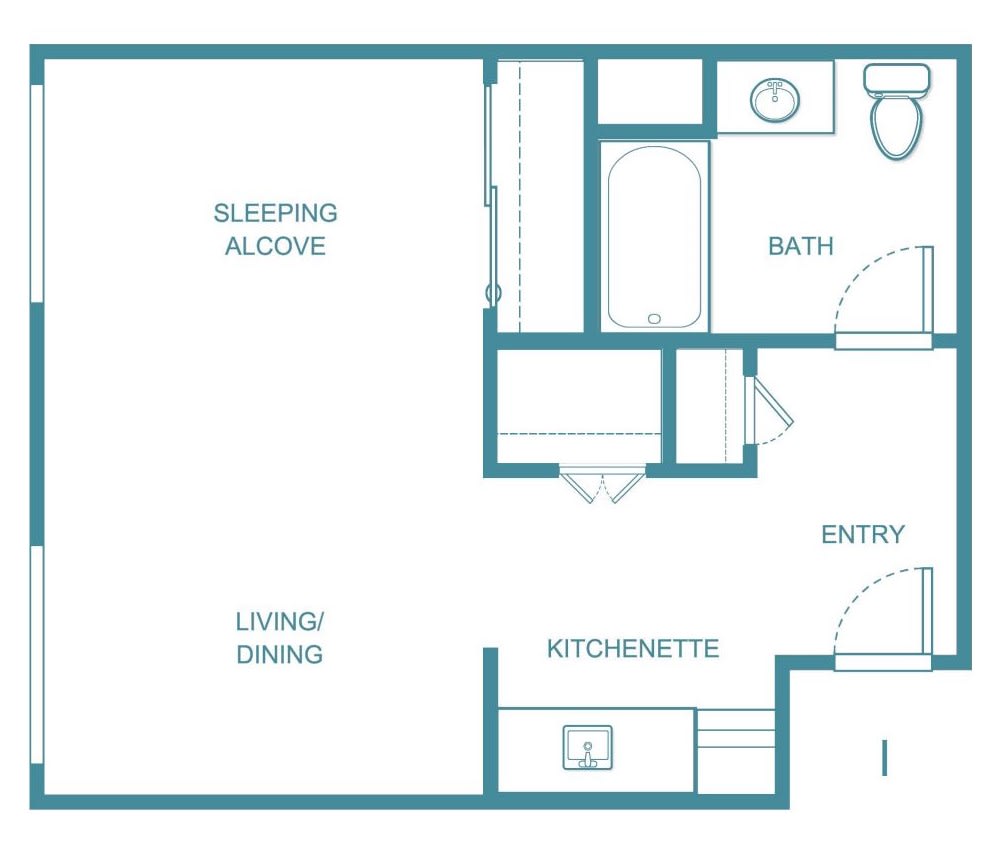 A floor plan of a studio apartment featuring a sleeping alcove, kitchenette, bath, and living area.
