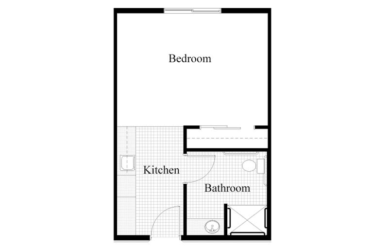 A floor plan of a one-bedroom apartment featuring a kitchen and bathroom.
