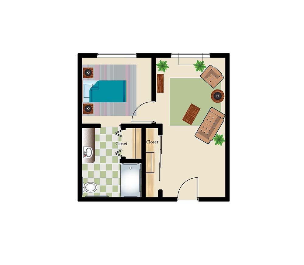 A simple one-bedroom apartment floor plan with a living area, bedroom, and bathroom.