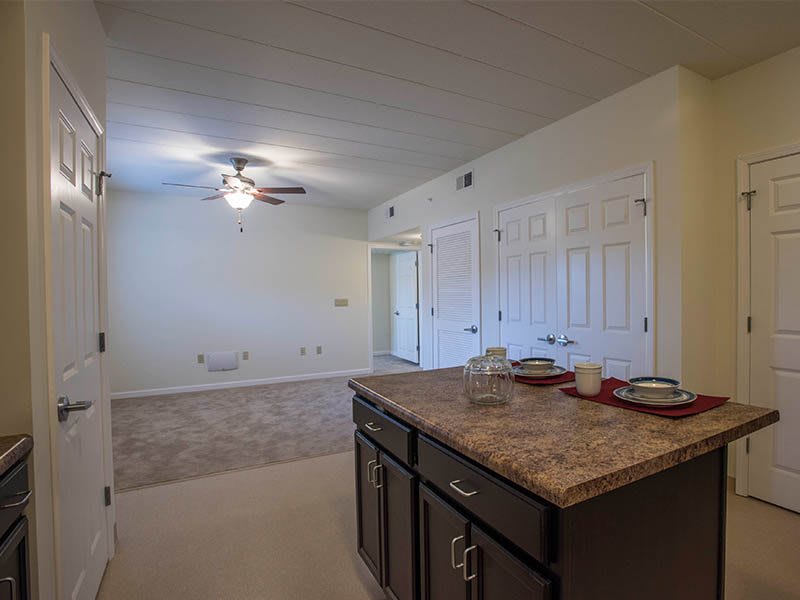 A spacious apartment interior featuring a kitchen with a countertop and a ceiling fan in the dining area.
