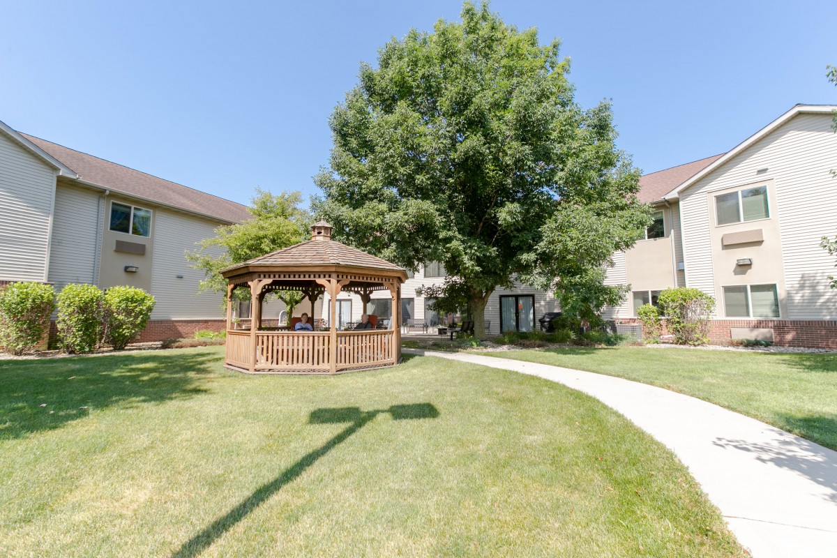 A sunny courtyard featuring a gazebo, large tree, and surrounding buildings.
