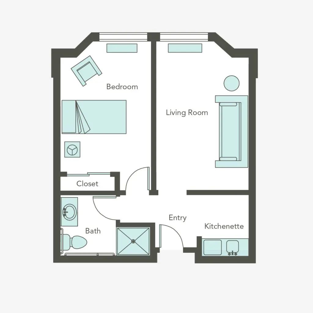 A floor plan of a one-bedroom apartment featuring a living room, bathroom, and kitchenette.