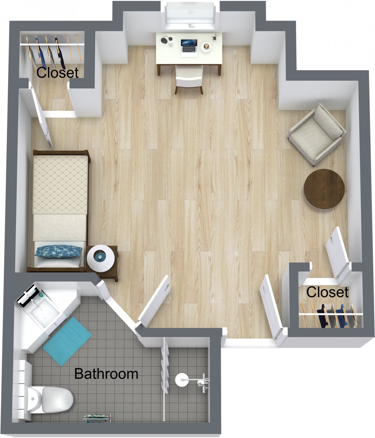 A 3D floor plan of a studio apartment featuring a bedroom, bathroom, and closet space.