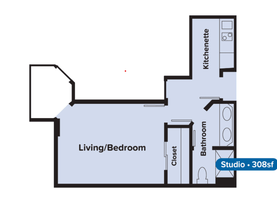 Studio apartment floor plan with living/bedroom area, kitchenette, bathroom, and closet.