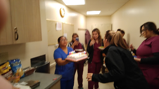 A group of nurses celebrating with a cake in a hospital setting.