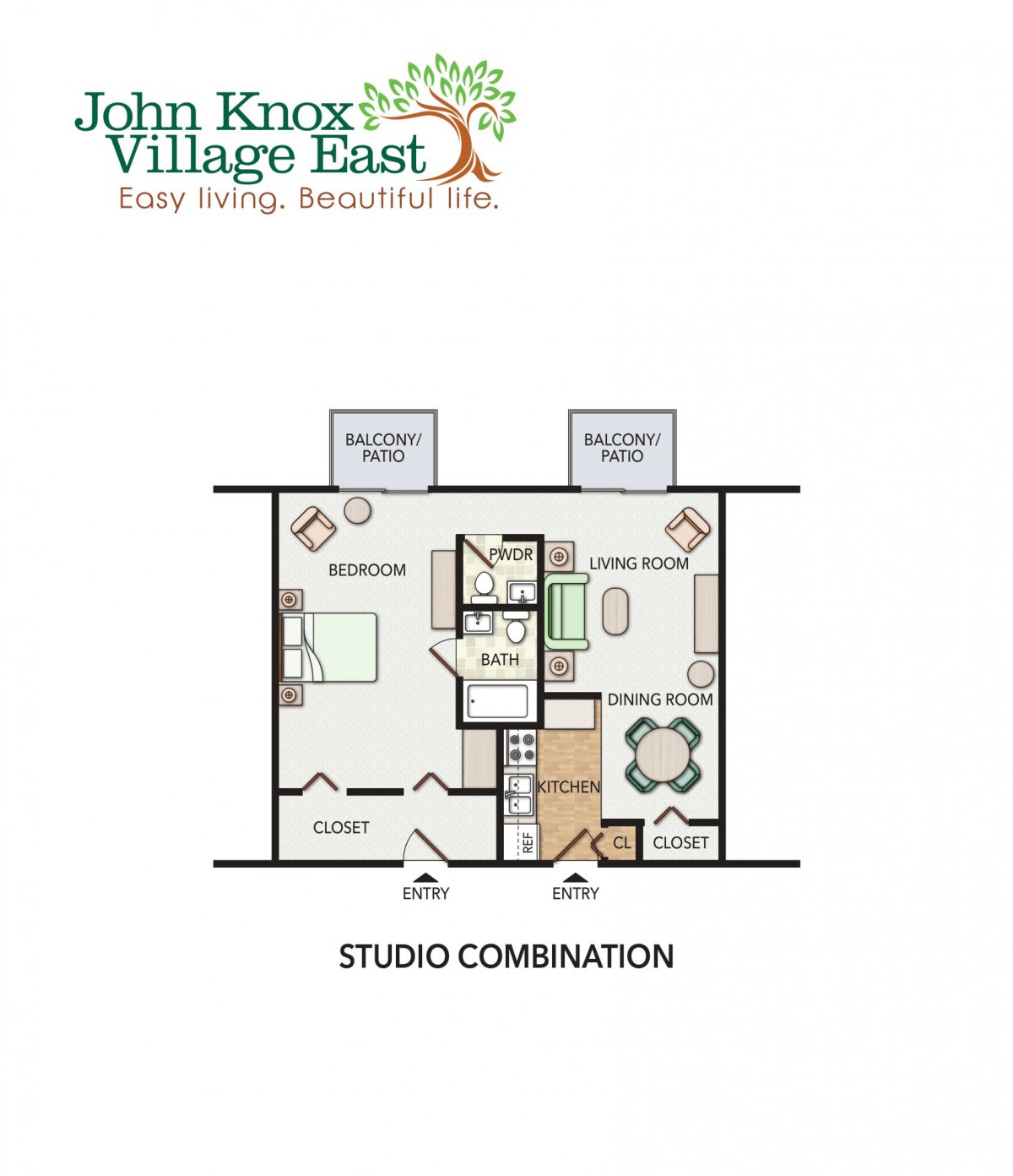 Floor plan of a studio apartment at John Knox Village East.