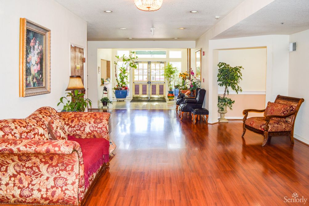 A bright and spacious living room with hardwood flooring and elegant furniture, adorned with indoor plants.