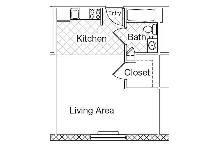 Floor plan of a studio apartment with a kitchen, bath, closet, and living area.