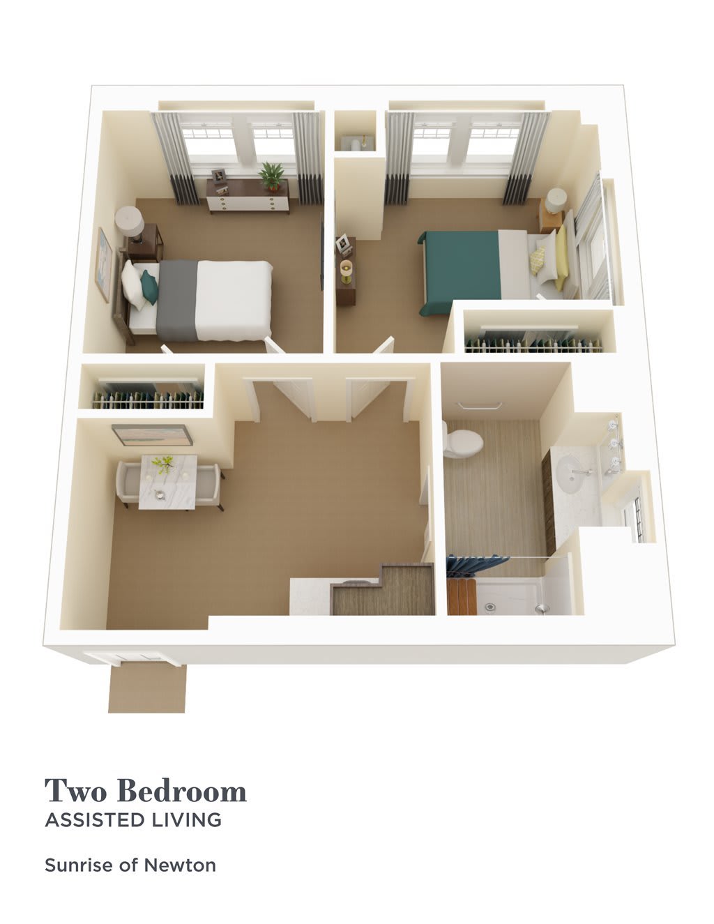 3D floor plan of a two-bedroom apartment layout.