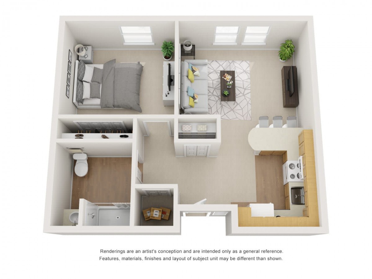 3D floor plan of a modern one-bedroom apartment with open living and kitchen area.