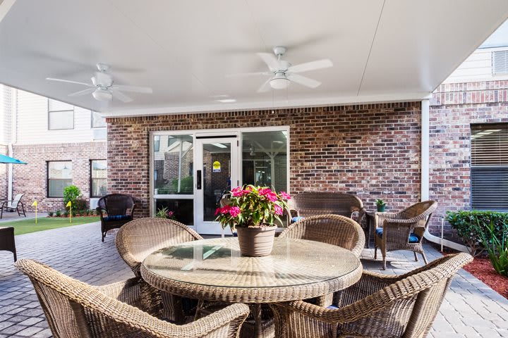 A cozy patio setup with wicker furniture and a potted plant under ceiling fans.
