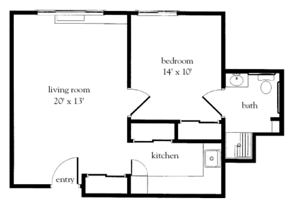 A floor plan showing an apartment layout with a living room, bedroom, kitchen, and entry.
