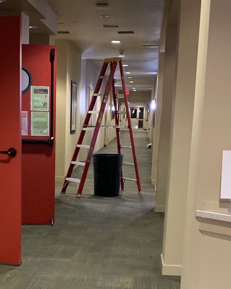 A ladder set up in a hallway for maintenance work.