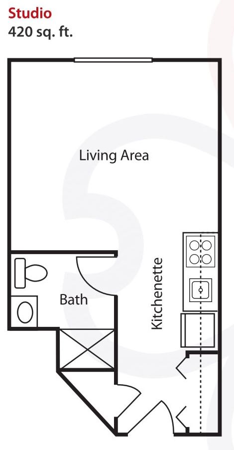 A studio apartment floor plan featuring a living area, kitchenette, and bathroom.