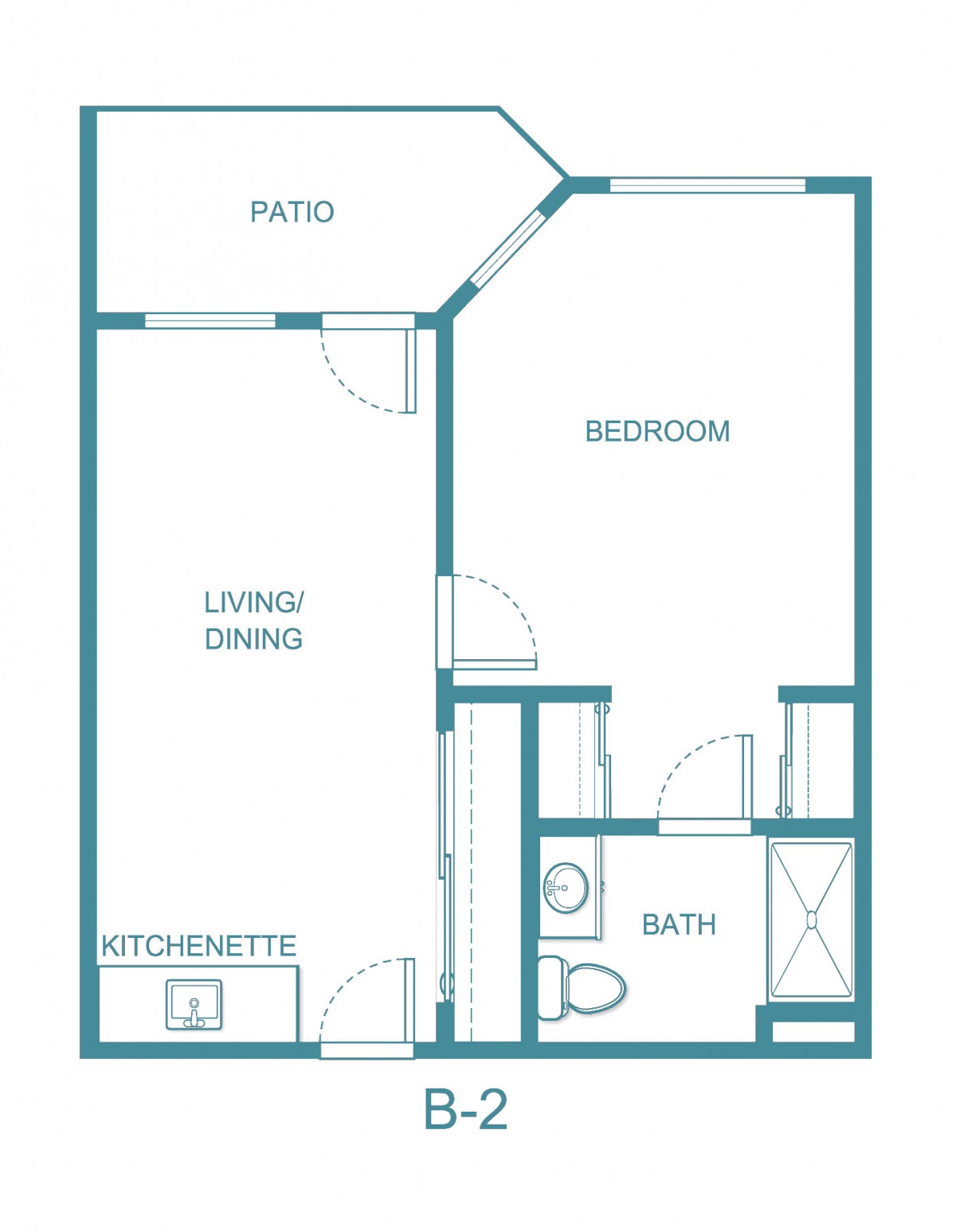 A simple floor plan of a one-bedroom apartment with a living/dining area, kitchenette, bathroom, and patio.