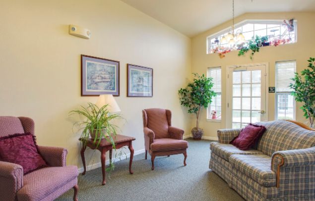 A cozy living room with armchairs, a couch, decorative plants, and framed artwork on the wall.