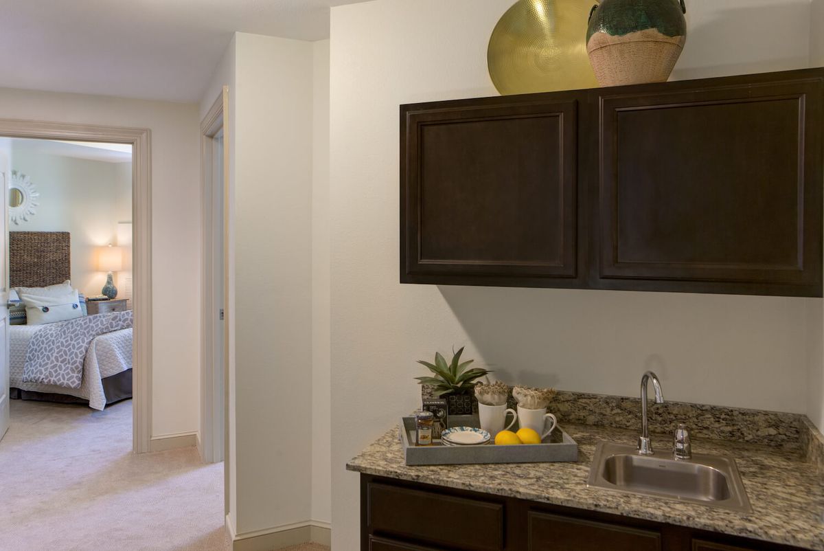 A modern kitchen interior with dark cabinets and decorative plants on the countertop.