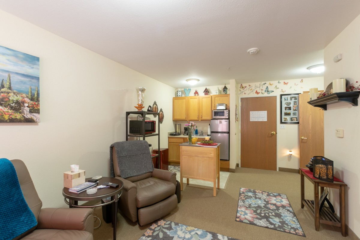 A cozy apartment interior featuring a small kitchenette with wooden cabinets and a comfortable living area with plush seating.