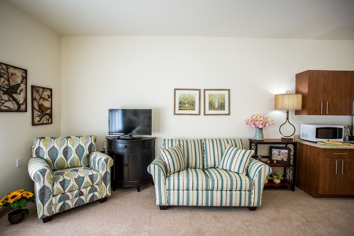 A cozy living room with a striped sofa, patterned armchair, and a TV on a stand, complemented by wall art, a table lamp, and decorative flowers.
