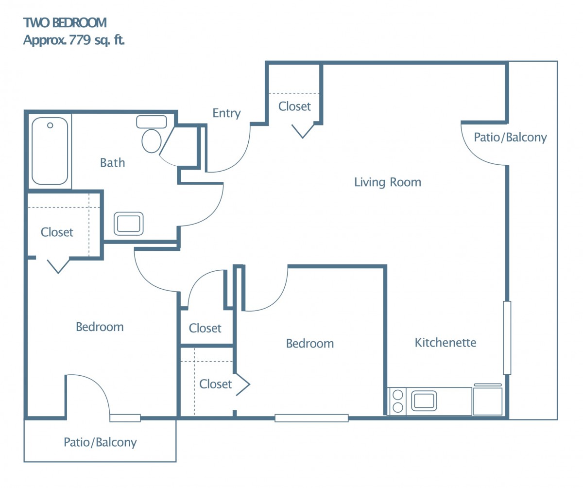 A floor plan layout of a two-bedroom apartment with labeled rooms.