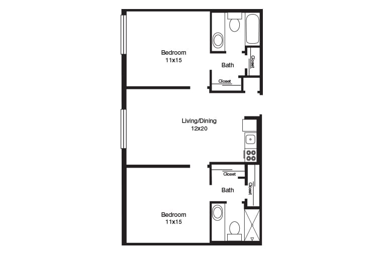 A two-bedroom apartment floor plan with living/dining area and bathrooms.