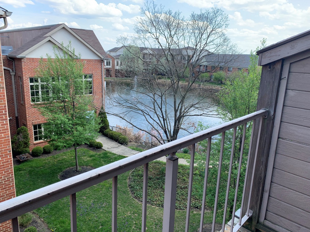 A tranquil view from a balcony overlooking a lake and nearby buildings on a spring day.