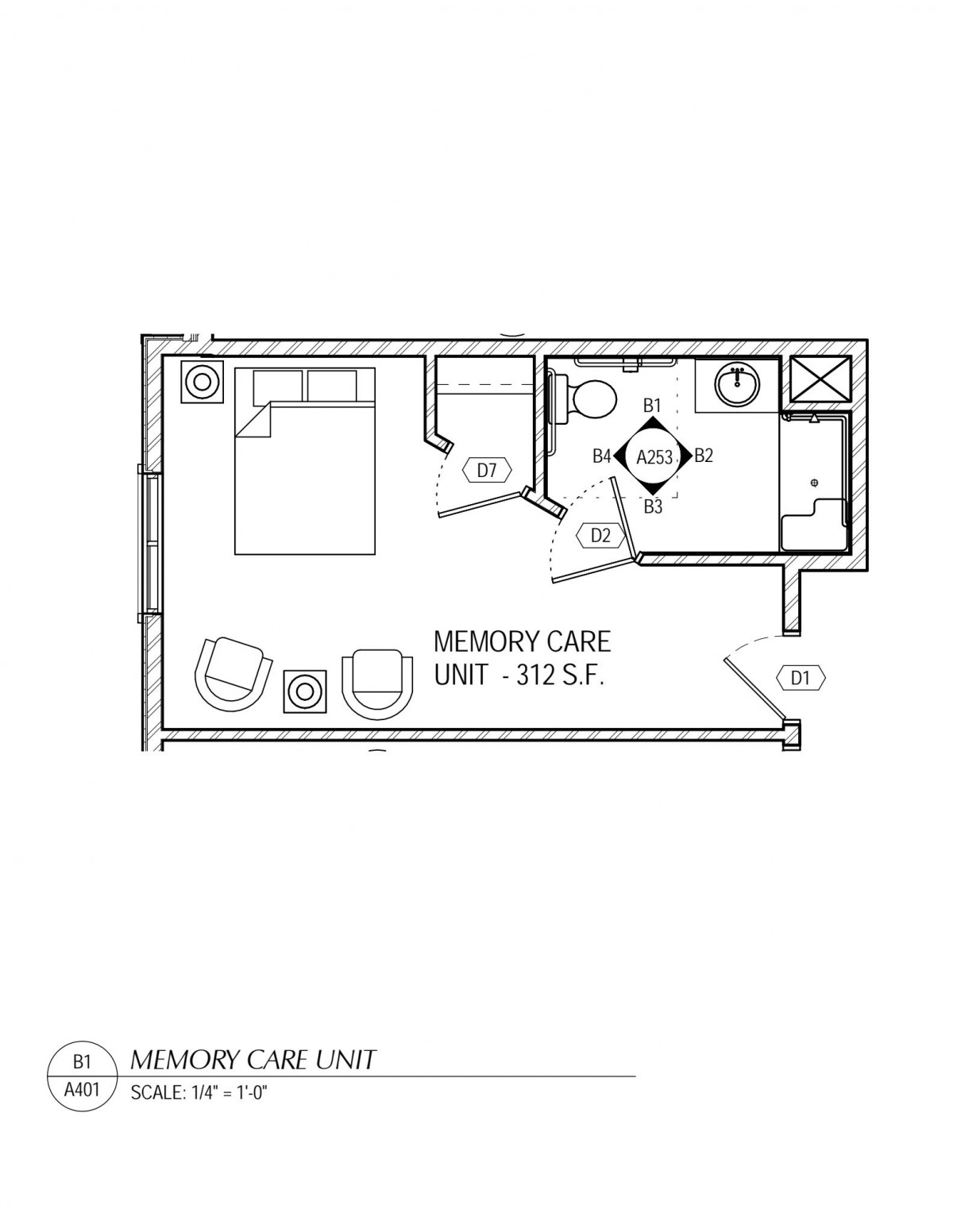 A floor plan of a memory care unit measuring 315 square feet, including a bed, bathroom, and seating area.
