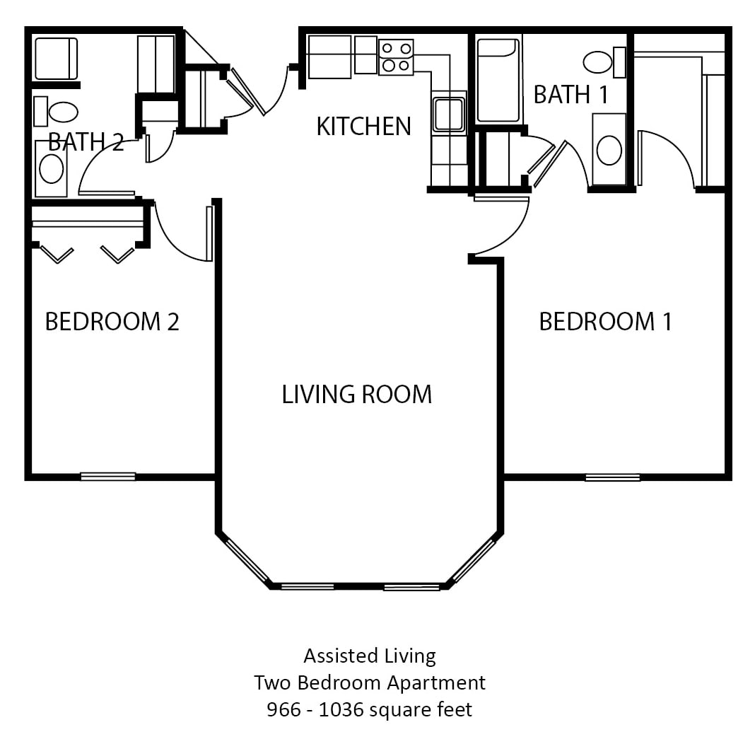 A floor plan of a two-bedroom assisted living apartment.