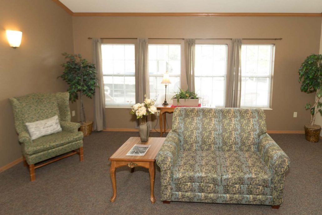 A cozy living room featuring a patterned sofa, armchair, and coffee table with decorative plants and ample natural light from the windows.
