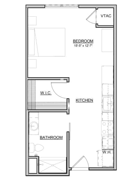 Studio apartment floor plan with bedroom, kitchen, bathroom, and walk-in closet.