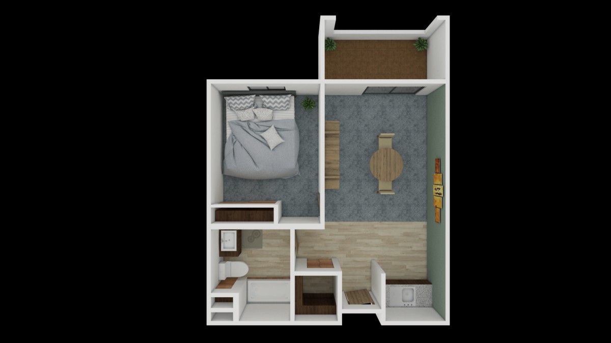 A 3D-rendered floor plan of a small apartment featuring a bedroom, living room, and bathroom.