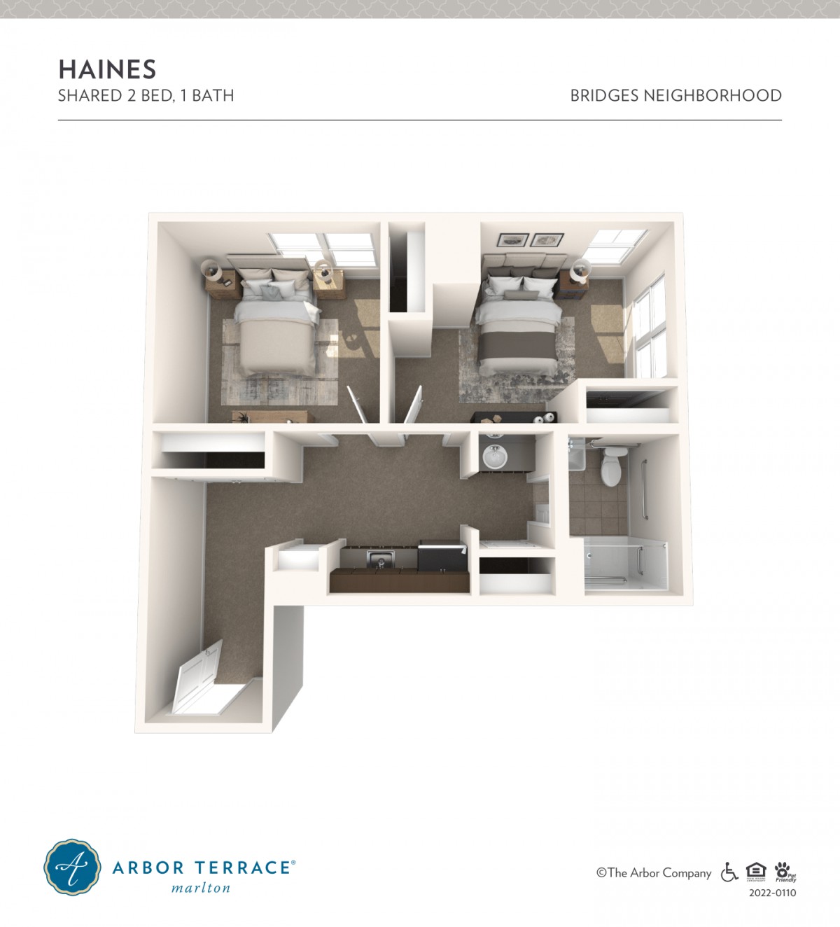 3D floor plan of a two-bedroom apartment featuring a kitchen, bathroom, and living area.