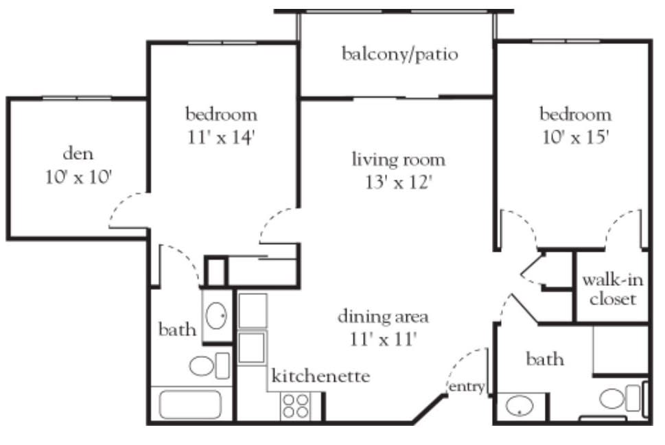 A floor plan of a two-bedroom apartment with a living room, kitchenette, dining area, two bathrooms, and a balcony/patio.