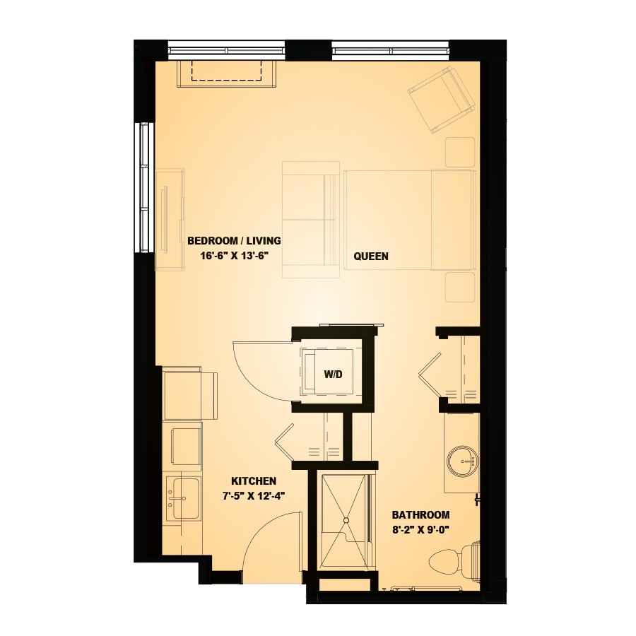 Studio apartment floor plan depicting the layout of a compact living space with designated areas for a kitchen, bathroom, and living/sleeping area.