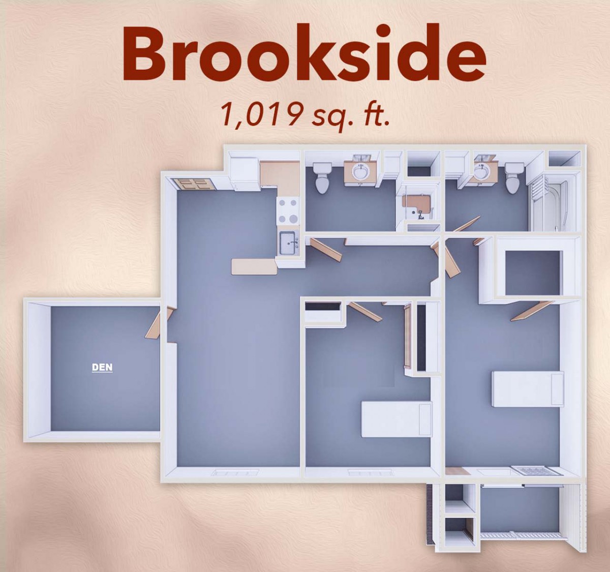 Floor plan of the Brookside apartment totaling 1,019 sq. ft.