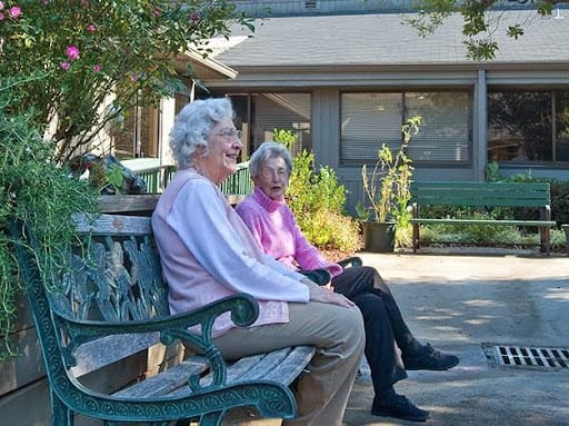 Two elderly women sitting on a bench, enjoying a sunny day outside.