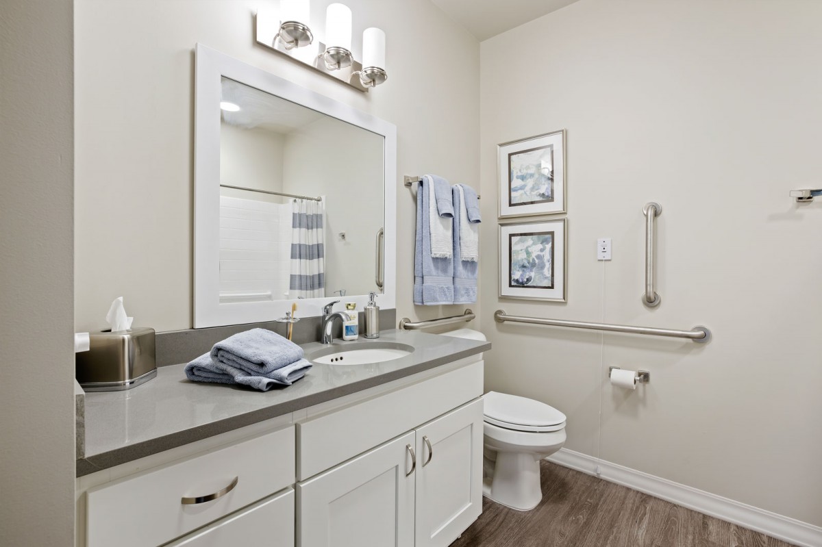 A modern bathroom with a sink, mirror, and toilet, featuring decorative elements and ample lighting.