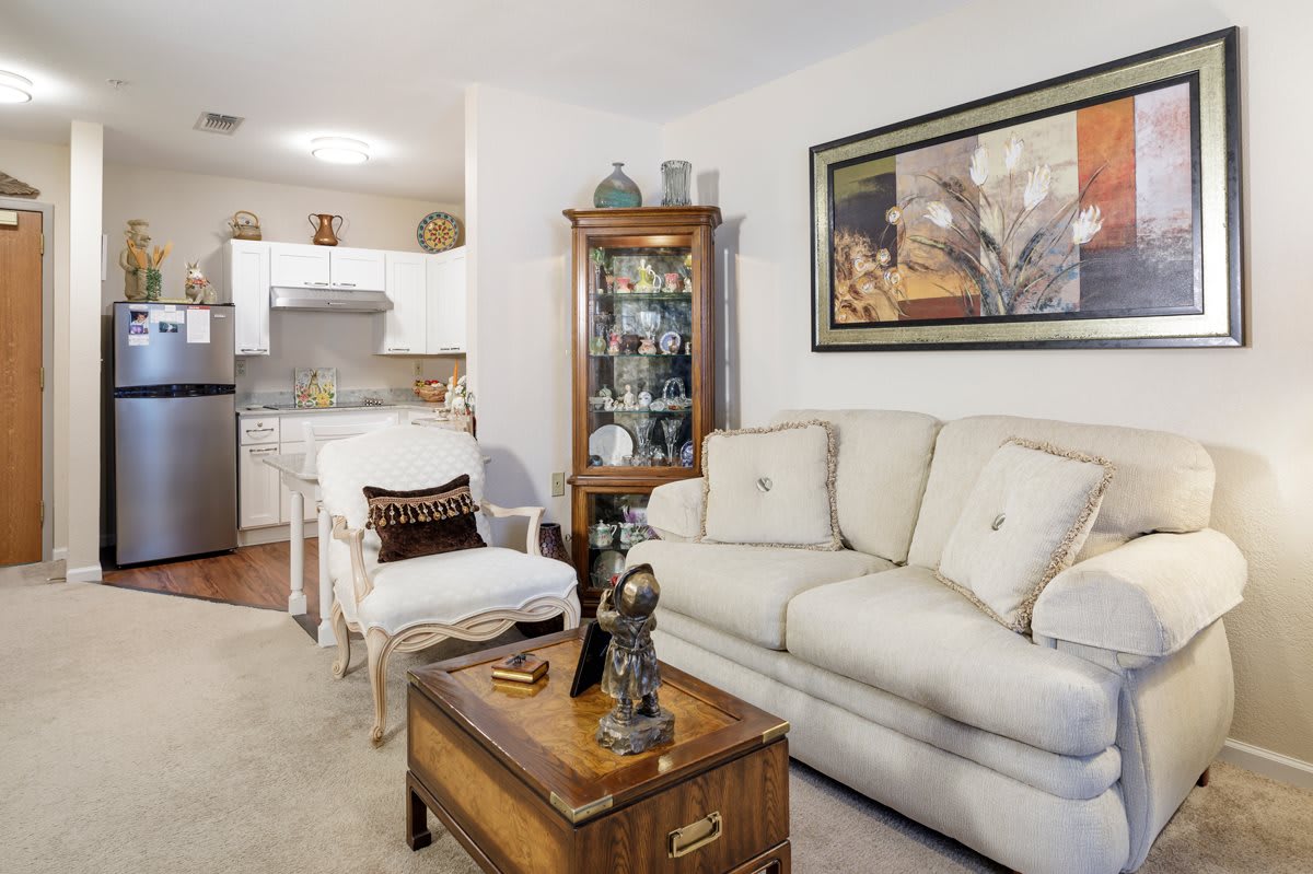A cozy living room featuring a comfortable sofa, armchair, coffee table, decorative cabinet, and view into a kitchen area.